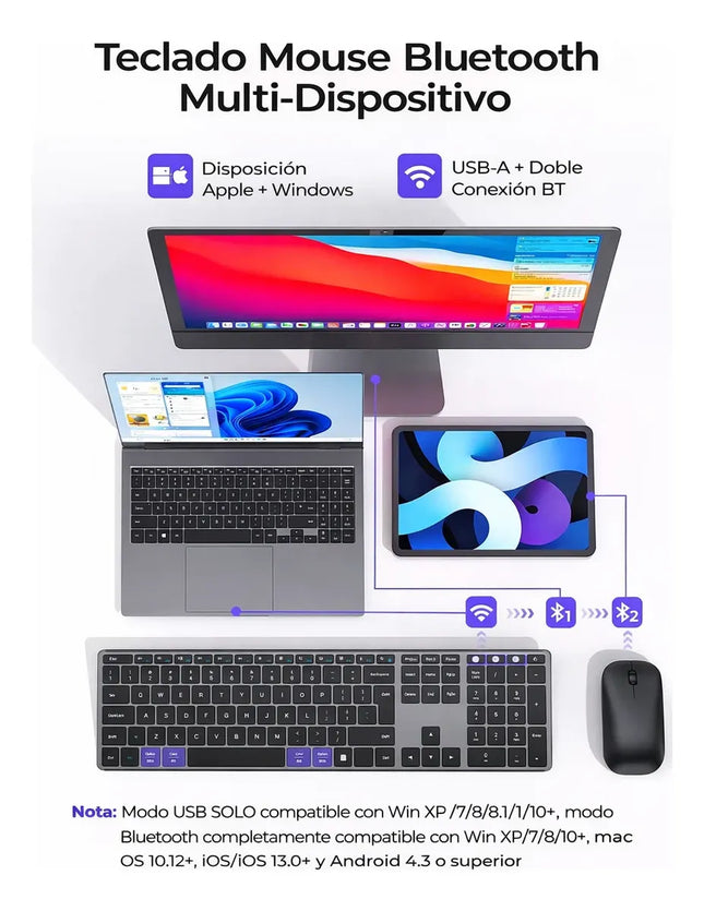 Combo Teclado y Mouse Inalámbricos Bluetooth Recargables